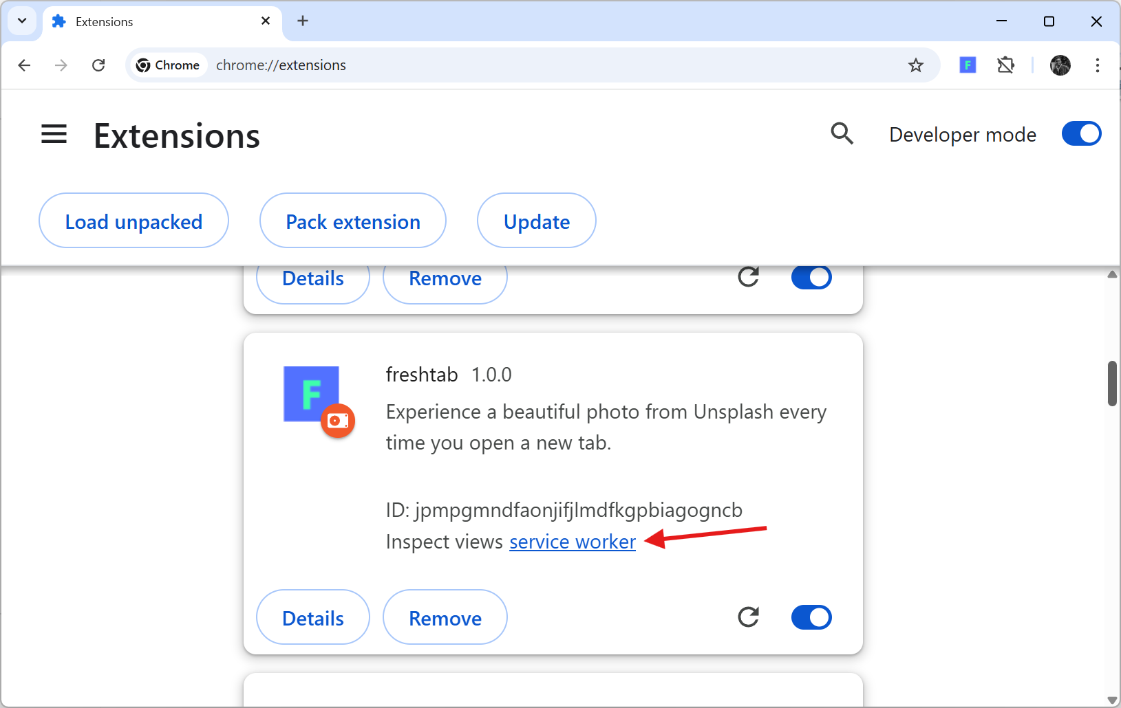 Inspecting service worker in Chrome extensions UI